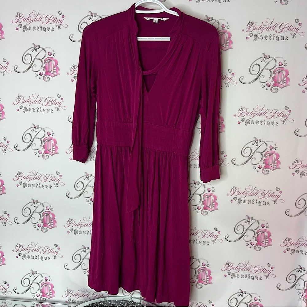 Trina Turk Pink Long Sleeve sundress tie up ribbon belt neckline